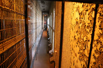 A dimly lit prison hallway with flickering lights casting long shadows.