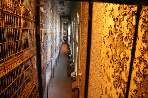 An old, dimly lit prison corridor with rows of metal bars and rusted gates on one side and a peeling, textured wall on the other. Several small windows allow light to cast onto the floor, creating a stark and cold atmosphere.
