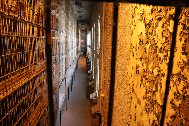 A dimly lit prison hallway with flickering lights casting long shadows.