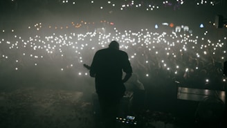 A musician is silhouetted against the glow of a crowd holding up lights, likely from phones, creating a sea of small bright dots. The atmosphere appears to be energetic and immersive, suggesting a live concert or music performance.