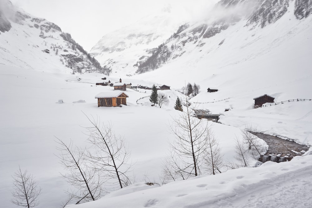 brown wooden house on snow covered ground during daytime