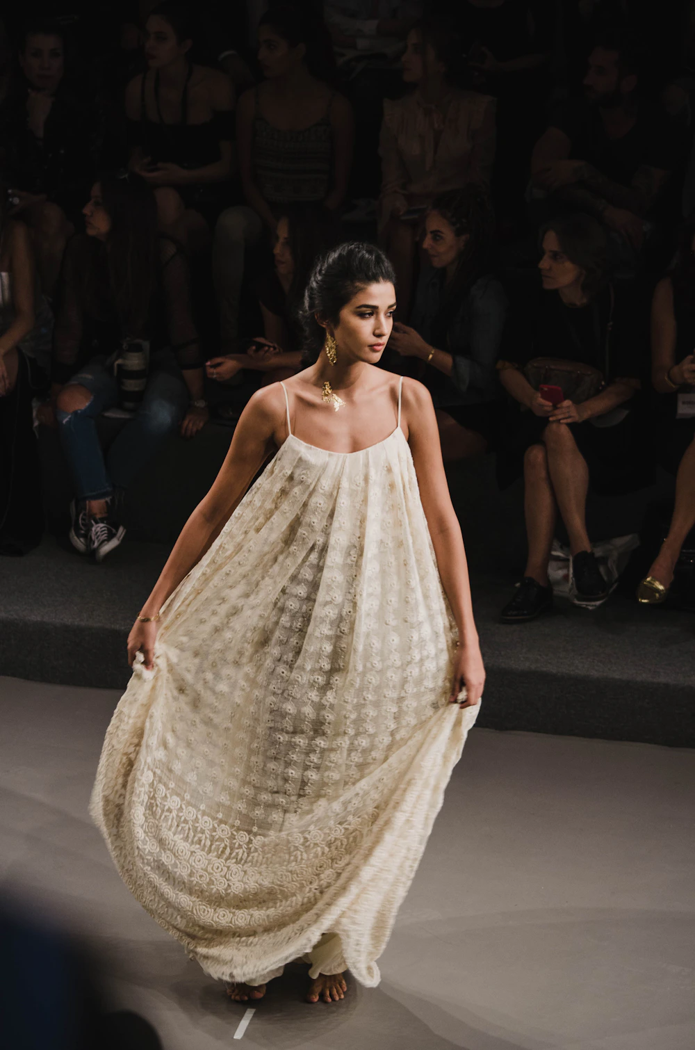 Woman in a beige tube dress
