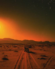 A comfortable, modern tourist van driving through the scenic Moroccan desert landscape at sunset.