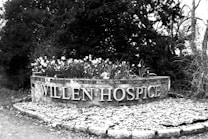 A black and white photograph of a brick structure with the words 'Willen Hospice' prominently displayed. Above the letters, there is a row of daffodils in full bloom. The background features trees and foliage, creating a serene and natural setting.