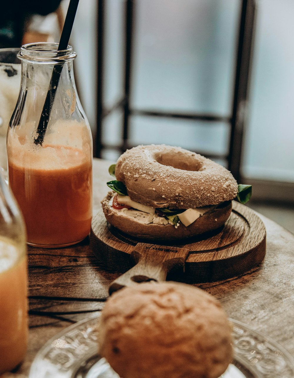 burger on brown wooden tray