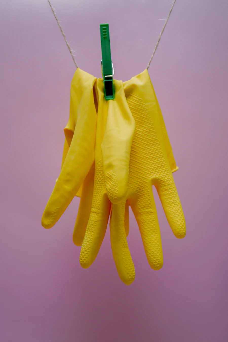 Yellow rubber cleaning gloves hanging on a blue hanger