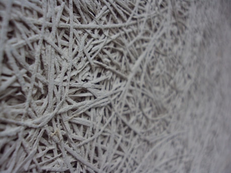 A close-up view of a textured surface that appears to be made of intertwined, fibrous materials. The composition primarily consists of numerous thin strands tightly packed together in an intricate, almost chaotic arrangement. The image captures the fine details and rough texture of the material.