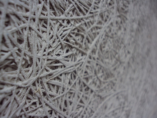A close-up view of a textured surface that appears to be made of intertwined, fibrous materials. The composition primarily consists of numerous thin strands tightly packed together in an intricate, almost chaotic arrangement. The image captures the fine details and rough texture of the material.