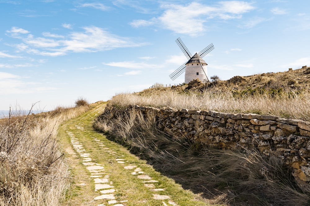 white windmill on green grass field under blue sky during daytime