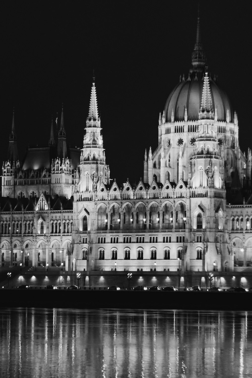 a black and white photo of the hungarian parliament