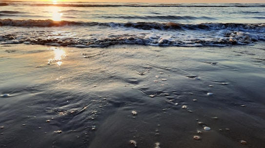 The image captures a serene seascape during sunset, with gentle waves lapping onto the shore. The sunlight reflects off the water, creating a golden shimmer across the surface.