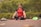 A person sits cross-legged on an outdoor mat with eyes closed, engaged in meditation. Surrounding them is a lush, green park with vibrant yellow flowers. Beside the individual are some personal items, including a pair of red shoes and some clothing.