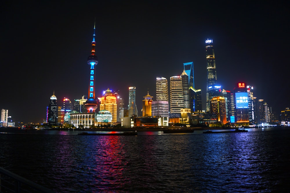 city skyline during night time