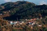 A serene mountain village with colorful houses nestled among lush greenery.