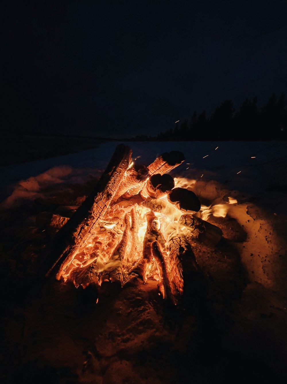 Feuer auf braunem Holzstamm während der Nacht