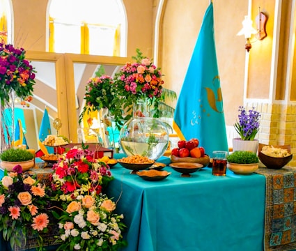 A beautifully arranged table with traditional Middle Eastern dishes.