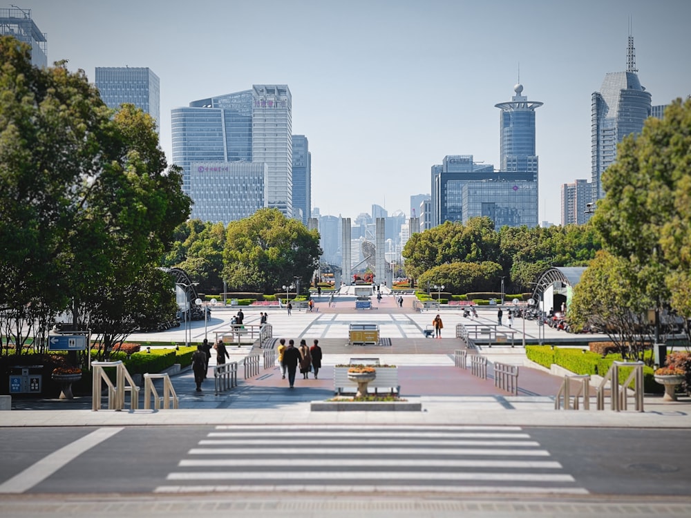 people sitting on bench near trees and buildings during daytime