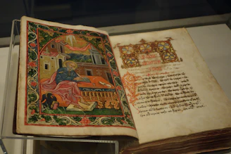 A close-up of a detailed Roman law manuscript illuminated with vibrant colors and modern graphic overlays.