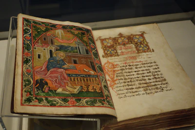 A close-up of a detailed Roman law manuscript illuminated with vibrant colors and modern graphic overlays.