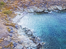 A serene coastal landscape featuring clear turquoise waters gently lapping against a rocky shore. Sparse vegetation in earthy tones covers the land leading to uneven rocky edges, creating a contrast between the solid ground and the fluid sea.