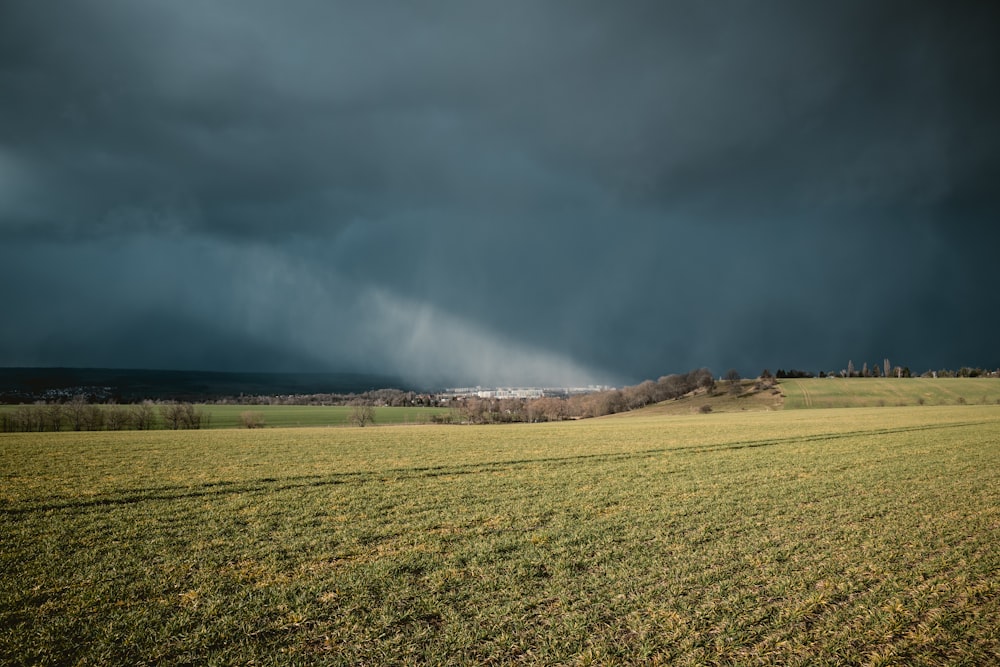 green grass field under gray clouds