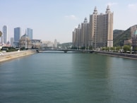 A wide river flows through an urban area bordered by tall skyscrapers on one side and lower buildings on the opposite bank. The river is spanned by a bridge in the distance. The cityscape features modern architecture and dense infrastructure, with greenery scattered along the riverbank.
