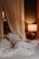 A cozy bedroom scene with the humidifier glowing softly on a nightstand.