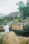 Two individuals are involved in transporting cut logs. One person stands on a pile of logs loaded onto the back of a truck, while the other person stands nearby. The background includes a house with a tiled roof and greenery.