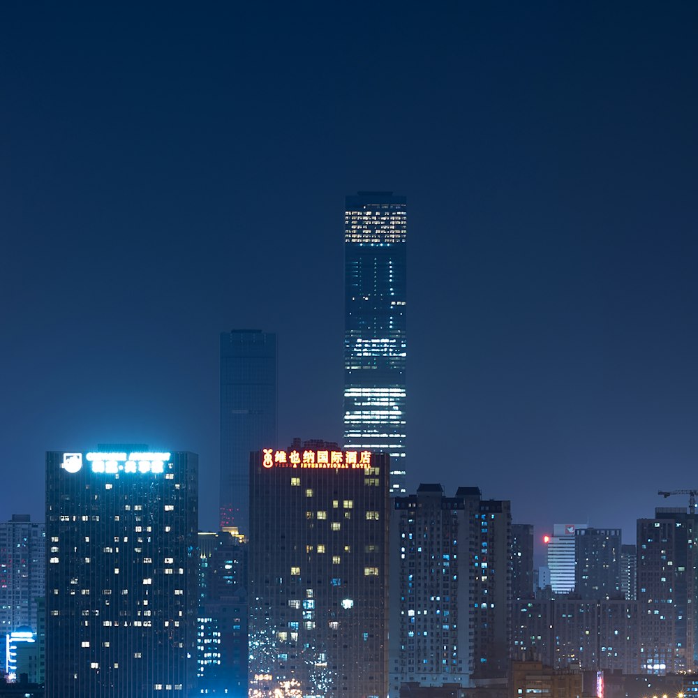 city skyline during night time