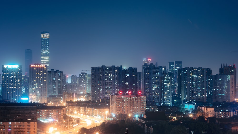 city skyline during night time