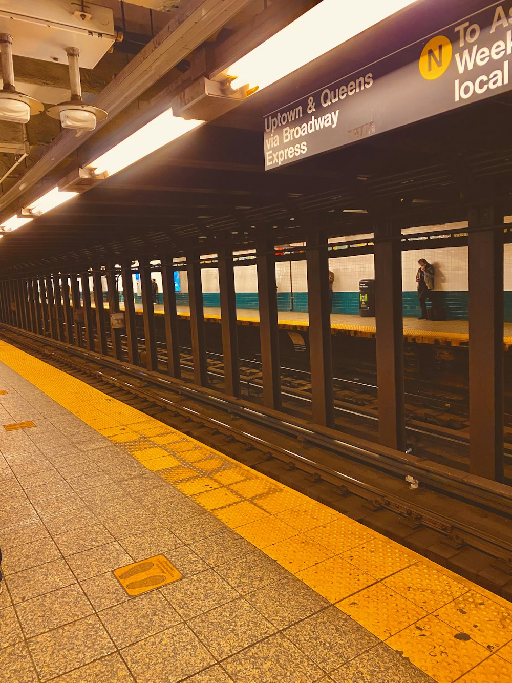 train station with blue and yellow lights