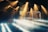 Dramatic lighting with multiple beams of light and geometric structures. The lights create a mysterious and dynamic atmosphere, with smoke adding depth and texture.