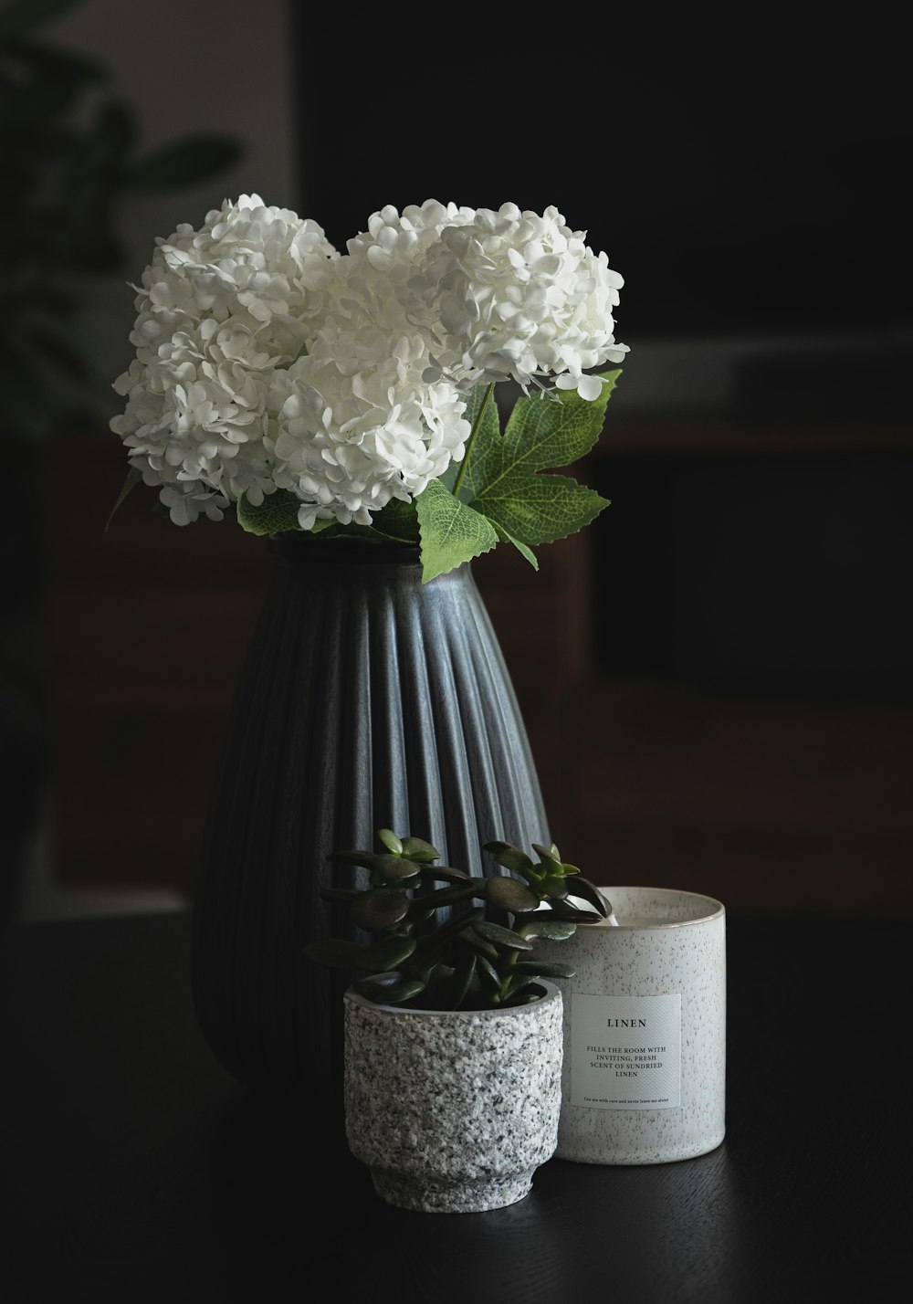 fleur blanche dans un vase bleu