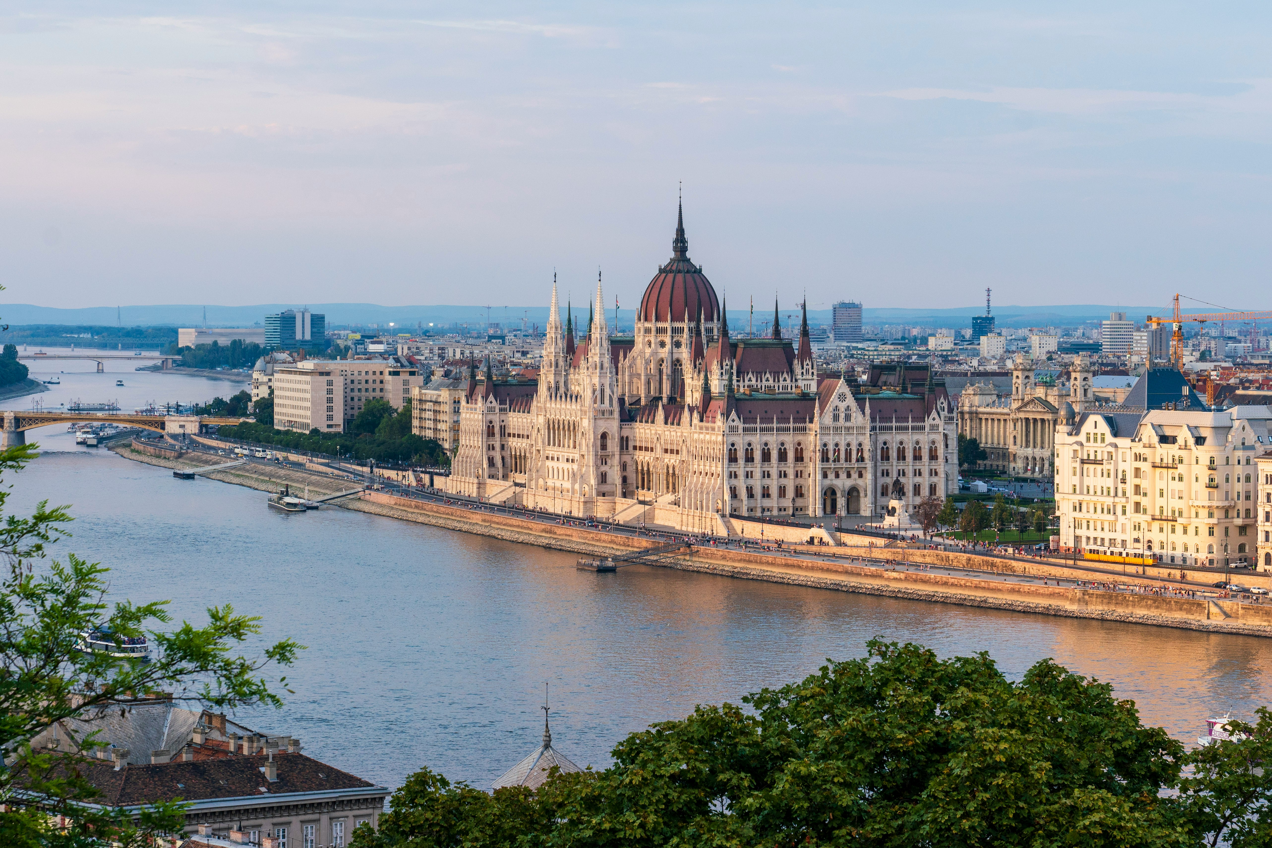 Budapest Parliament building along the Danube river panoramic view