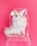 A fluffy white dog wearing a colorful party hat is sitting on a transparent chair against a bright pink background. The dog appears to have a relaxed and nonchalant expression.