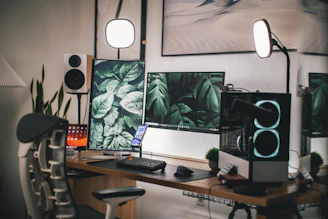 Desk accessories including adjustable monitor arms and LED lighting illuminating a workspace.