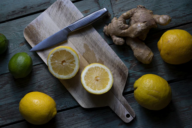 Limone fresco tagliato su tavolo da cucina
