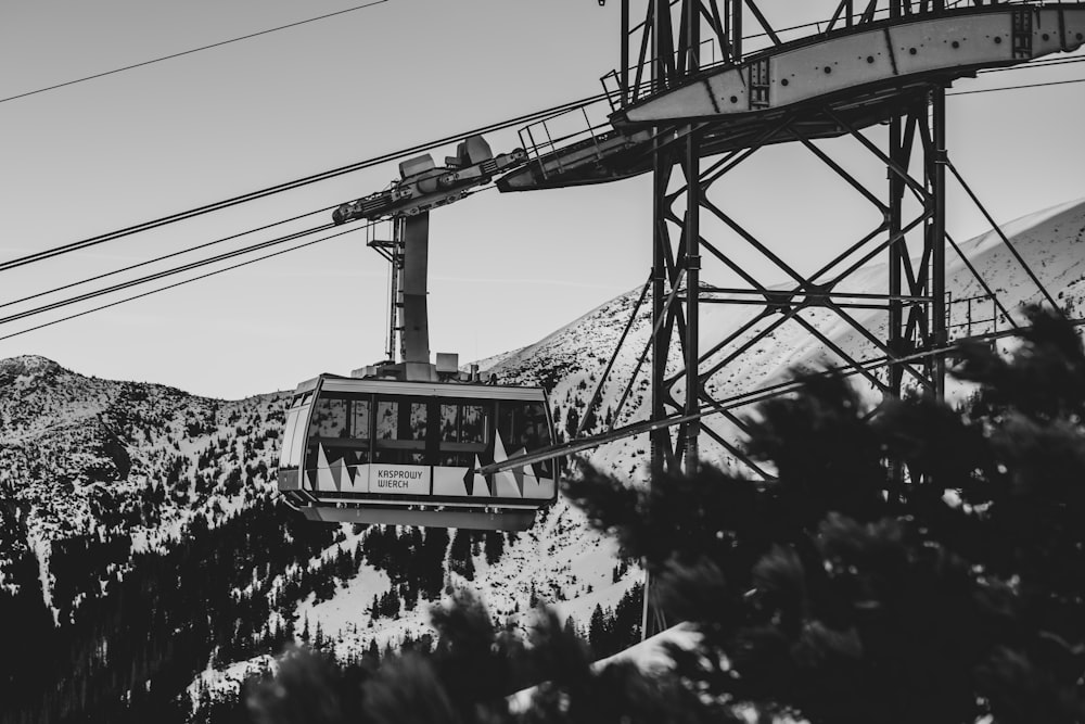 grayscale photo of cable car