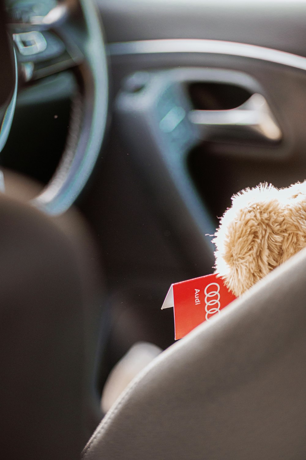 a teddy bear sitting in the front seat of a car