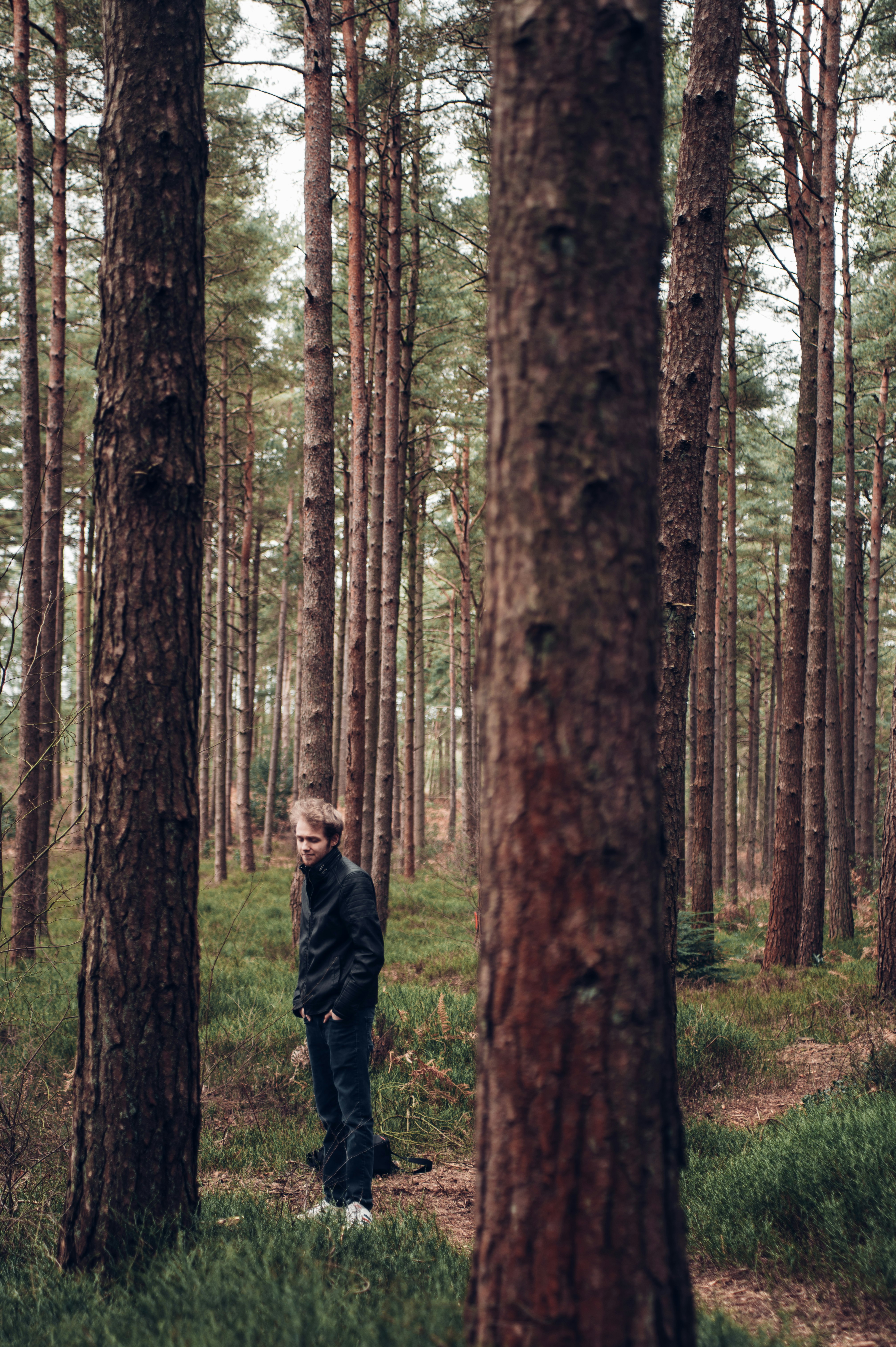 man in black jacket standing in the woods during daytime