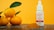A small white bottle labeled 'LUFF CBD Tincture' sits on a surface next to a pile of turmeric powder. Three bright orange fruits with green leaves are also present, with a vibrant orange background enhancing the composition.
