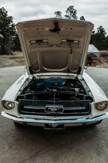 A classic white muscle car with its hood open reveals its engine, showcasing intricate mechanical parts. The car is parked outdoors on a paved area with trees and a small building visible in the background, under a cloudy sky.