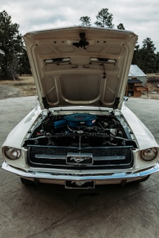 A classic white muscle car with its hood open reveals its engine, showcasing intricate mechanical parts. The car is parked outdoors on a paved area with trees and a small building visible in the background, under a cloudy sky.