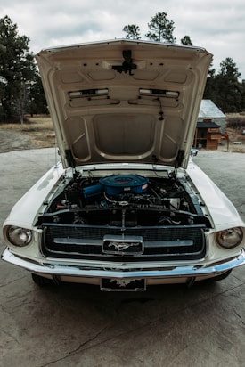A classic white muscle car with its hood open reveals its engine, showcasing intricate mechanical parts. The car is parked outdoors on a paved area with trees and a small building visible in the background, under a cloudy sky.