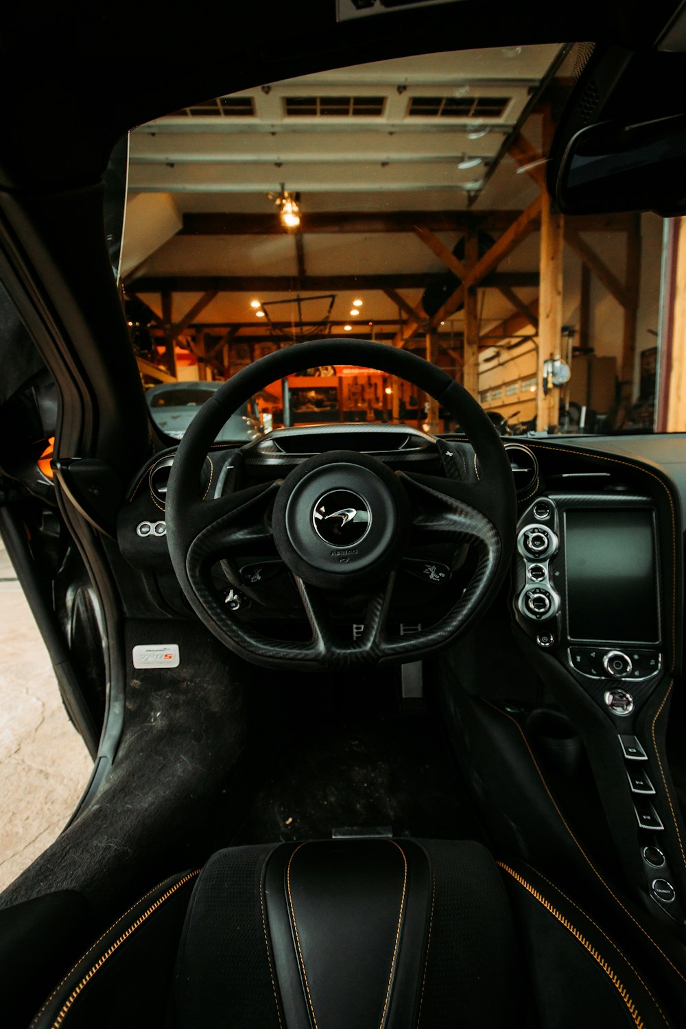 black steering wheel in a room