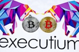 Two stylized Bitcoins, one silver and one gold, are placed side by side. Surrounding them are geometric, colorful designs resembling bulls. The lower part displays the word 'executium'.