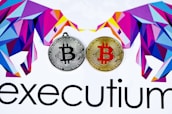 Two stylized Bitcoins, one silver and one gold, are placed side by side. Surrounding them are geometric, colorful designs resembling bulls. The lower part displays the word 'executium'.