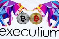 Two stylized Bitcoins, one silver and one gold, are placed side by side. Surrounding them are geometric, colorful designs resembling bulls. The lower part displays the word 'executium'.