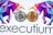 Two stylized Bitcoins, one silver and one gold, are placed side by side. Surrounding them are geometric, colorful designs resembling bulls. The lower part displays the word 'executium'.