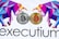 Two stylized Bitcoins, one silver and one gold, are placed side by side. Surrounding them are geometric, colorful designs resembling bulls. The lower part displays the word 'executium'.